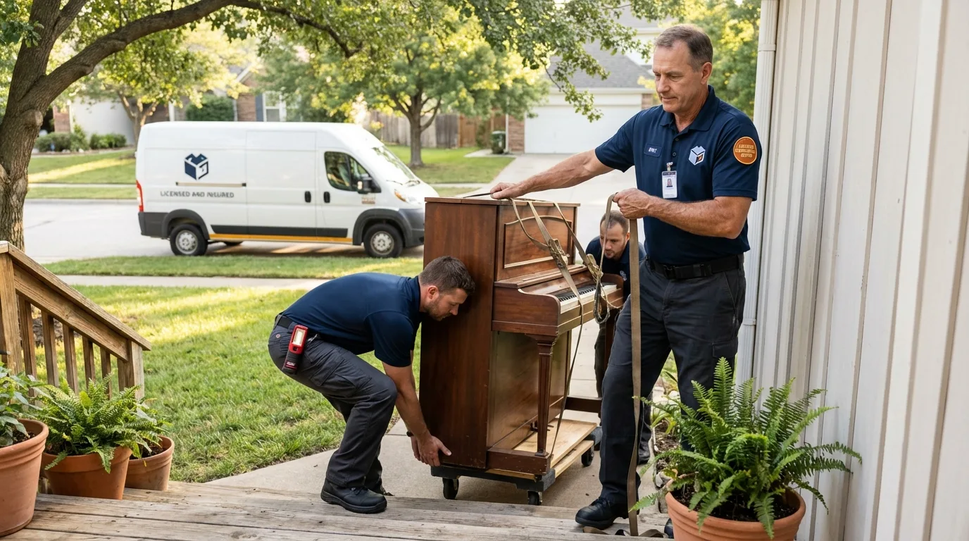Licensed piano movers securing grand piano in Annandale, NJ
