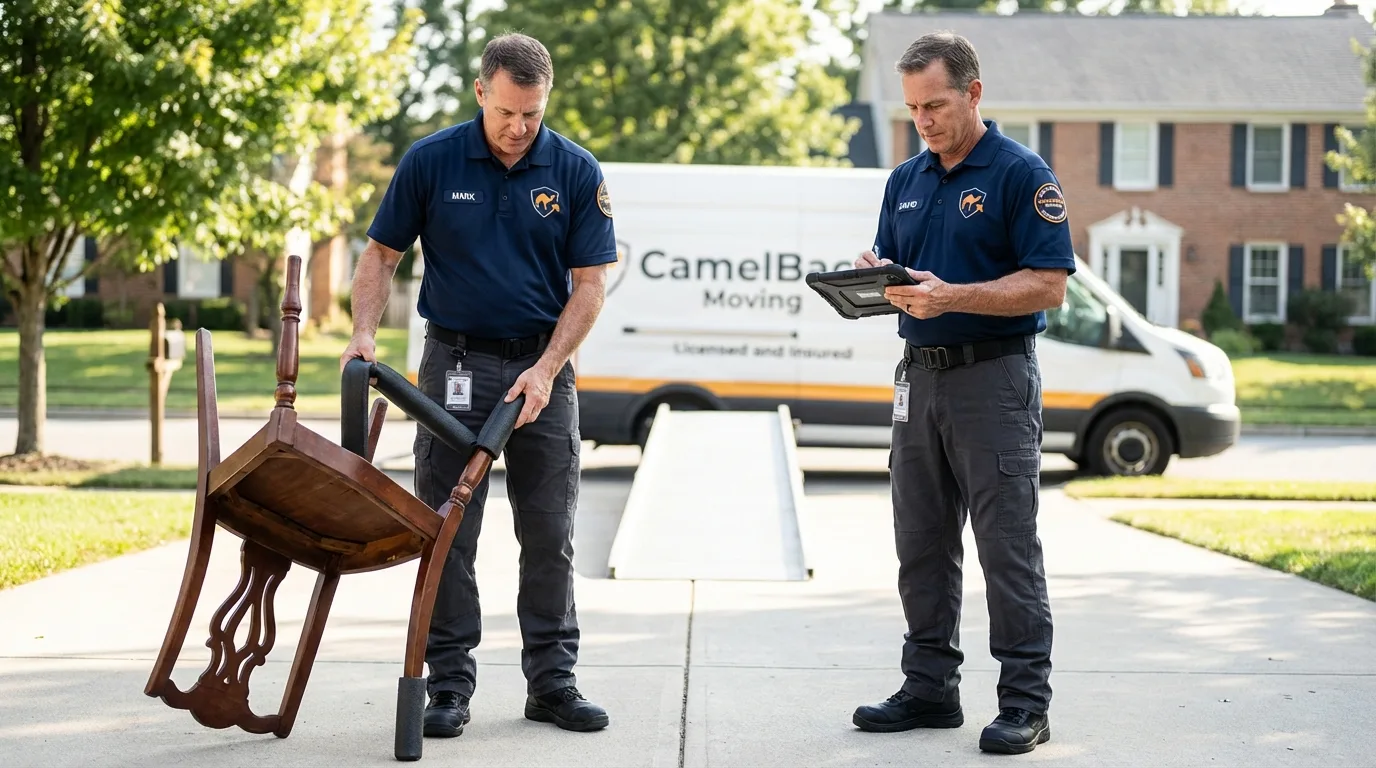 Movers inspecting furniture for damage prevention before loading in Annandale, NJ