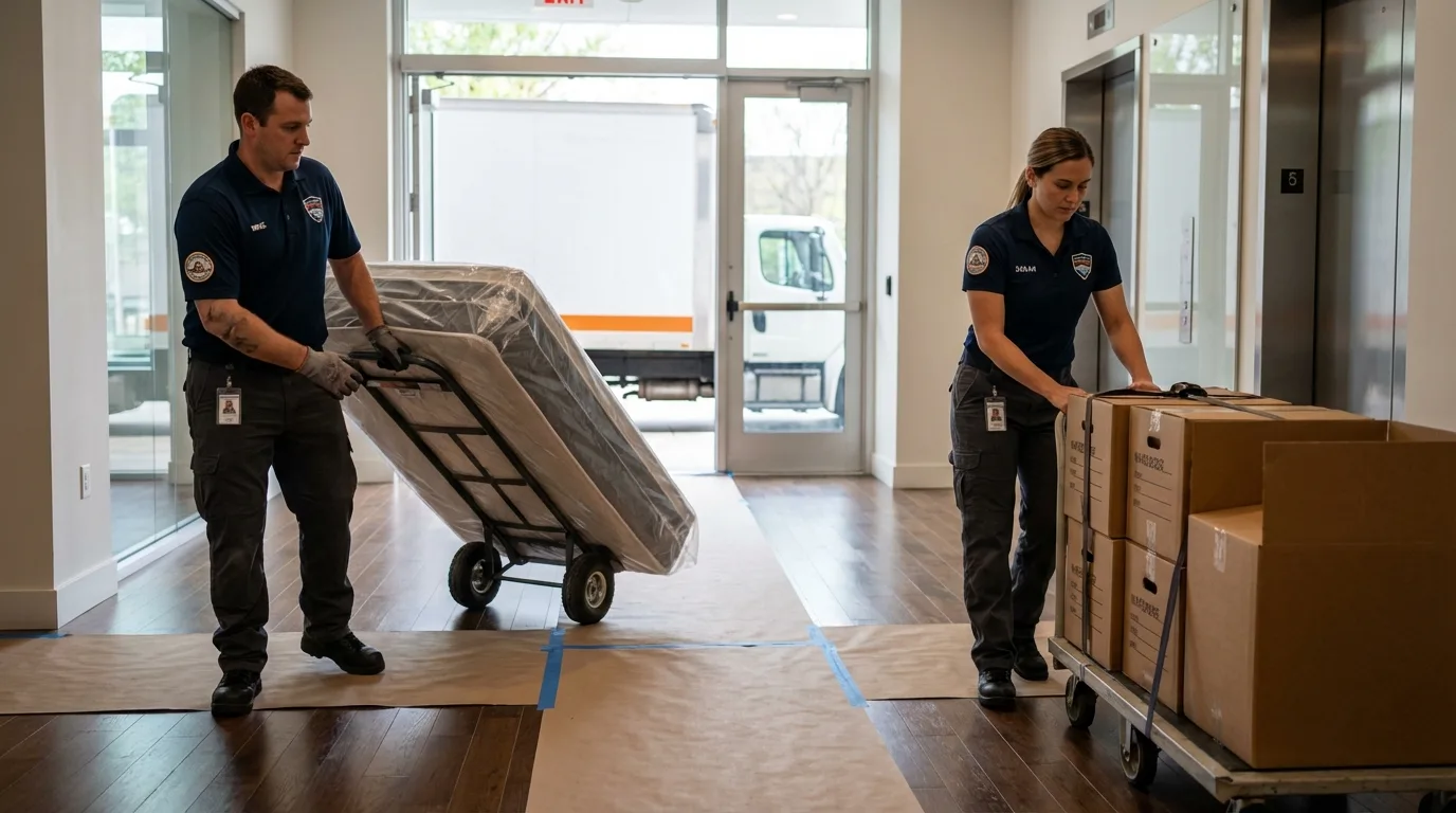 Professional apartment movers loading elevator in Annandale, NJ
